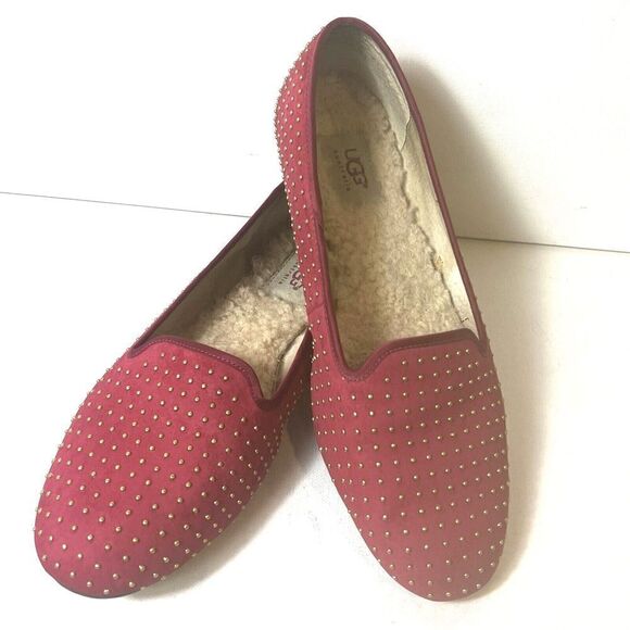 Ugg Ballet Flats Womens Sz 9.5 Red Gold Tone Polka Dot Leather Slip On Sheepskin - Picture 3 of 13